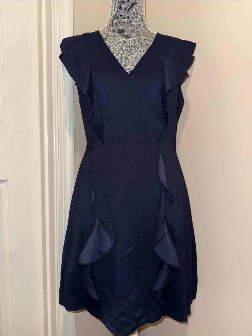 BCBGMaxAzria Navy V-Neck Ruffle Mini Dress size 6